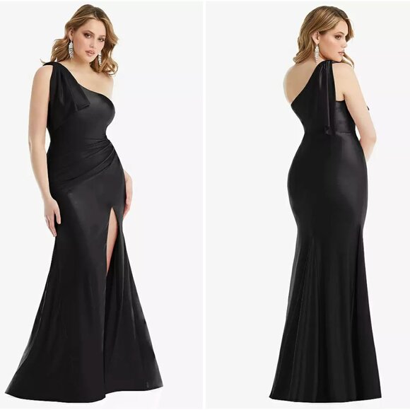 Cascading Bow One-Shoulder Stretch Satin Mermaid Dress w. Slight Train in Black - Picture 1 of 3